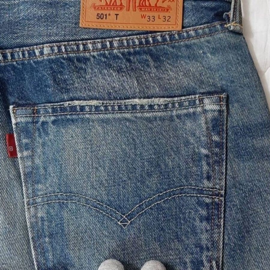日本製(MIJ)-近新正品Levis501T taper經典排扣重磅彈性牛皮標小R水洗刷紋小破壞牛仔褲W33L32-4
