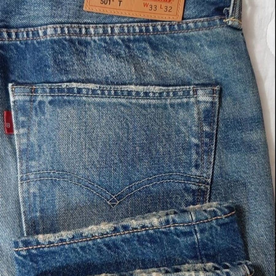 日本製(MIJ)-近新正品Levis501T taper經典排扣重磅彈性牛皮標小R水洗刷紋小破壞牛仔褲W33L32-5
