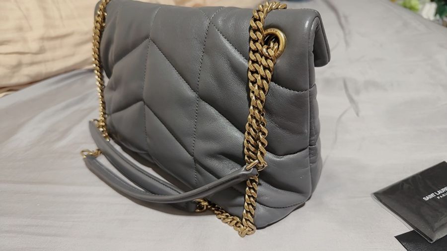 YSL 聖羅蘭 Puffer bag 小型絎縫納帕皮手袋 二手近全新 風暴色(大象灰)-9