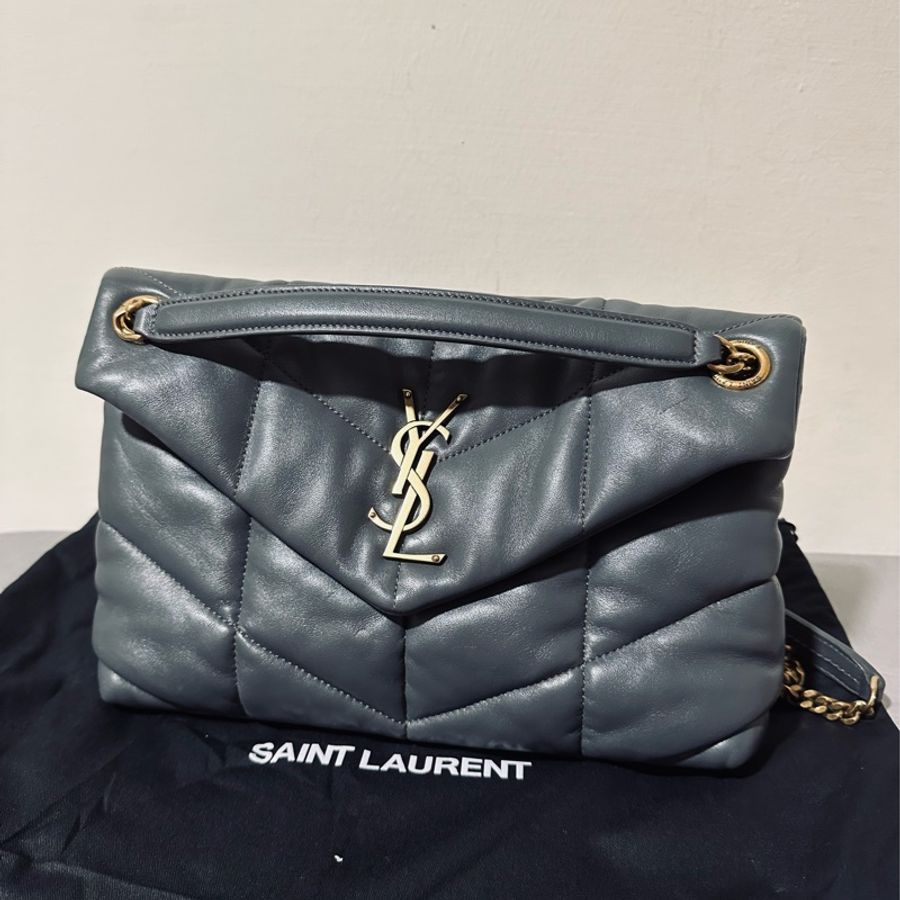 YSL 聖羅蘭 Puffer bag 小型絎縫納帕皮手袋 二手近全新 風暴色(大象灰)-5