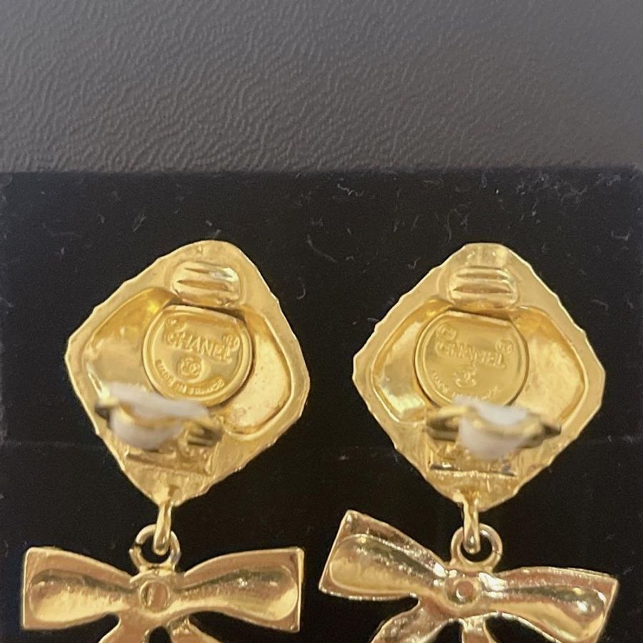 Chanel vintage香奈兒復古稀有款菱形格紋垂墜蝴蝶結古董夾式耳環-7