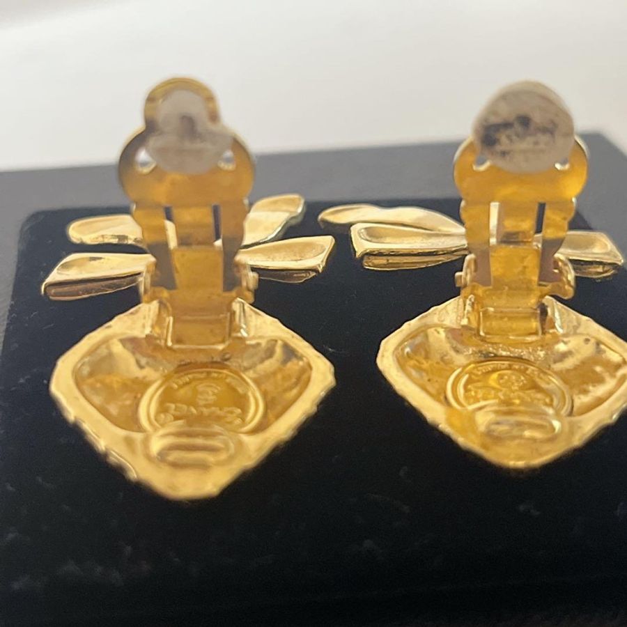Chanel vintage香奈兒復古稀有款菱形格紋垂墜蝴蝶結古董夾式耳環-8