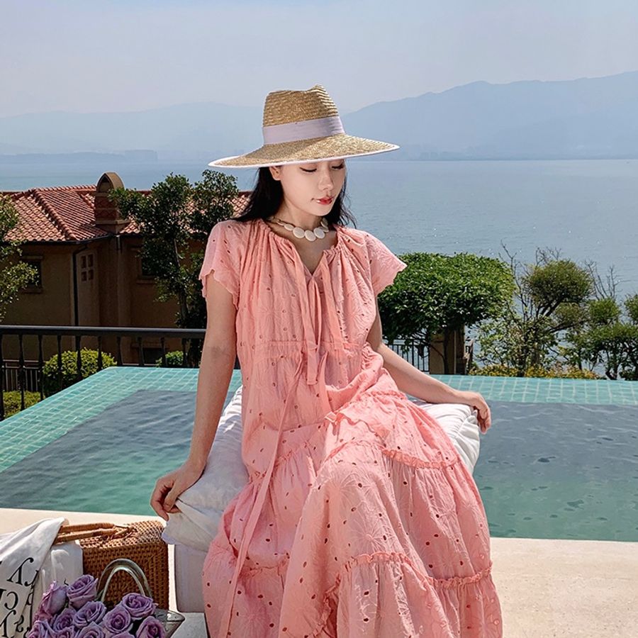 👗👗粉橘色立體蕾絲棉質洋裝👗👗-0