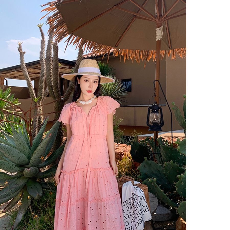 👗👗粉橘色立體蕾絲棉質洋裝👗👗-4