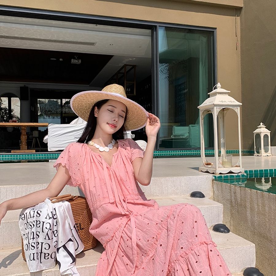 👗👗粉橘色立體蕾絲棉質洋裝👗👗-5