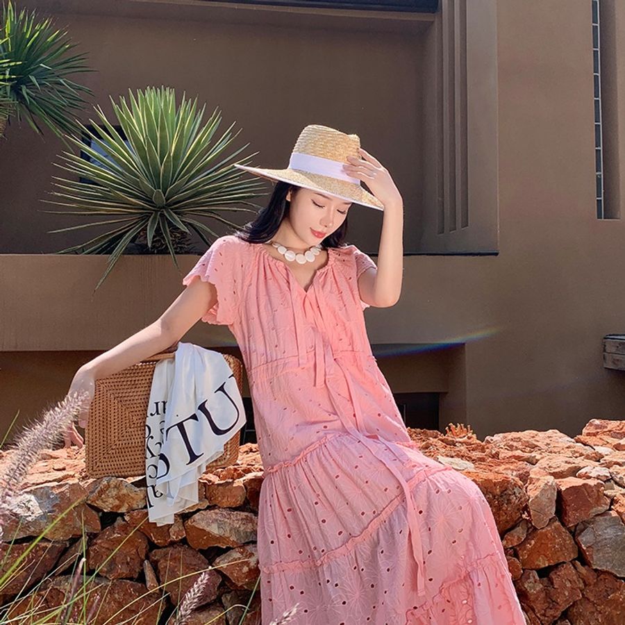 👗👗粉橘色立體蕾絲棉質洋裝👗👗-6