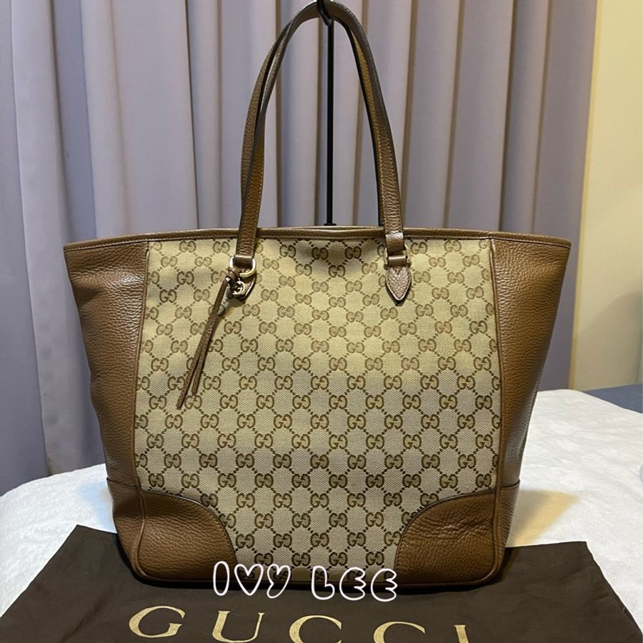 GUCCI GUCCI BREE GG提花布 咖啡色皮革邊肩背托特包 449242 二手精品-0