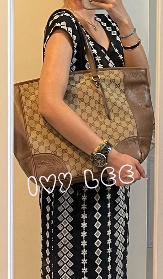 GUCCI GUCCI BREE GG提花布 咖啡色皮革邊肩背托特包 449242 二手精品-23