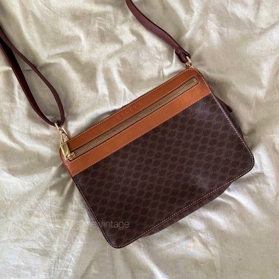 Celine 老花多夾層手拿包 改造斜背包 中古包 日本中古 復古 古董包-0