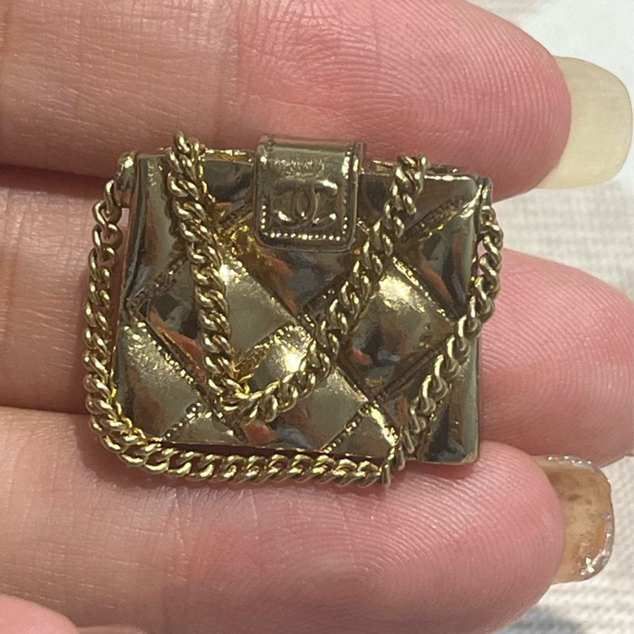 Chanel香奈兒絕版淡金色CF包包小胸針-0