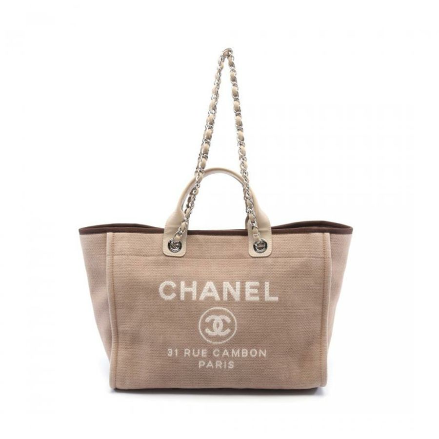 【日本直送】 中古CHANEL[B]Deauville 鏈條肩包 帆布托特包 真皮 米色 棕色 銀色五金-0