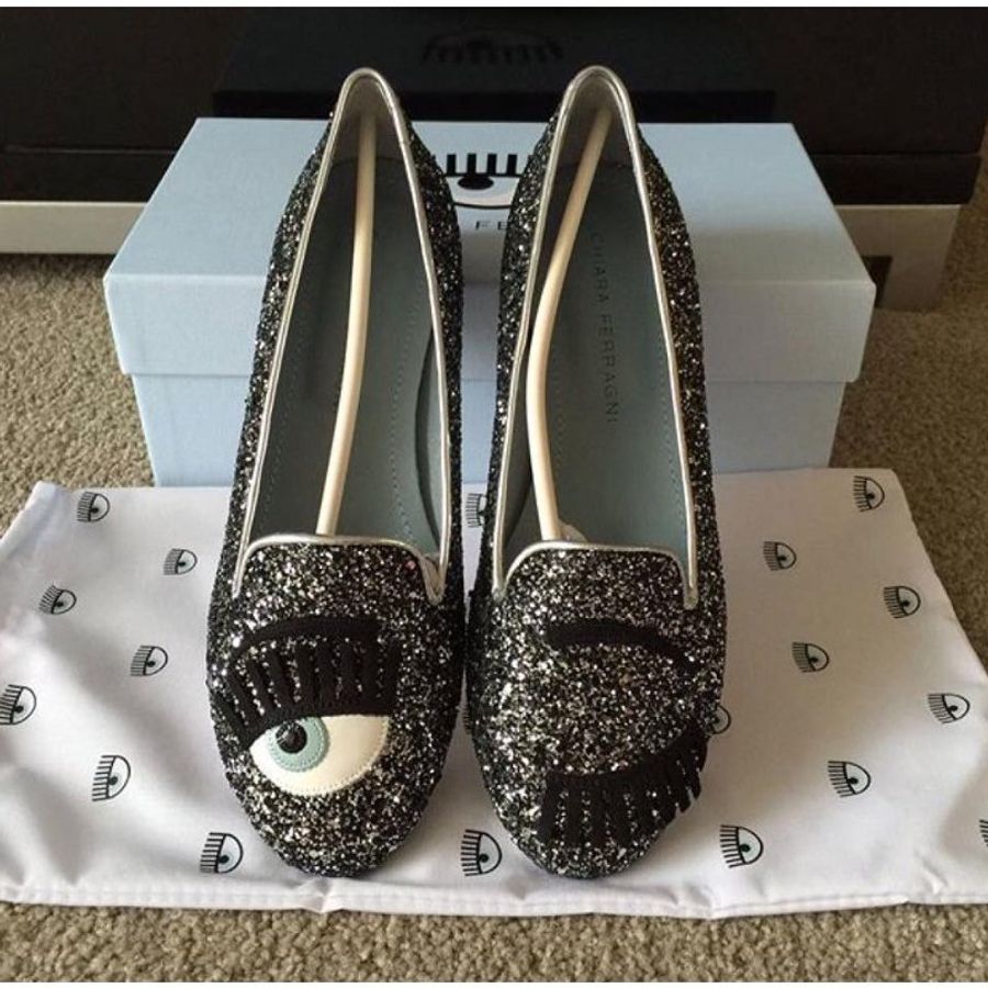 Chiara Ferragni CF812 小牛皮 Flirting 眨眼亮片樂福鞋 (鐵灰色) EU35/38-0