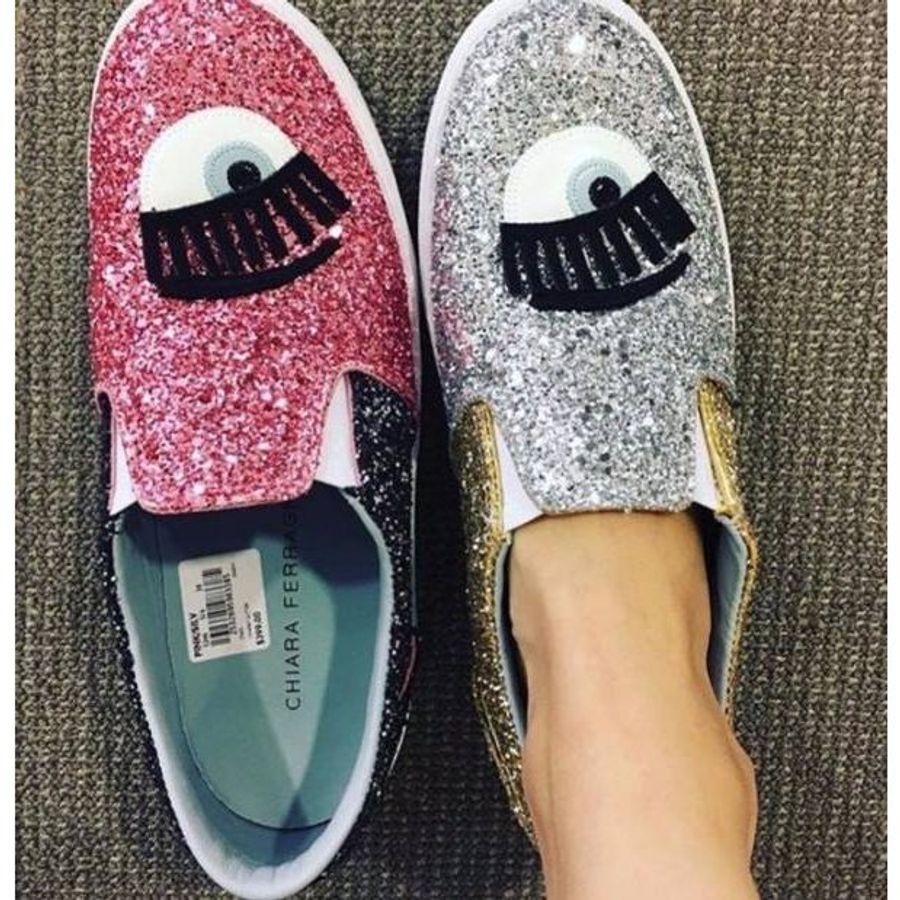 Chiara Ferragni CF875 粉黑對比色亮片眨眼厚底樂福鞋 IT 36/37/38/39-5