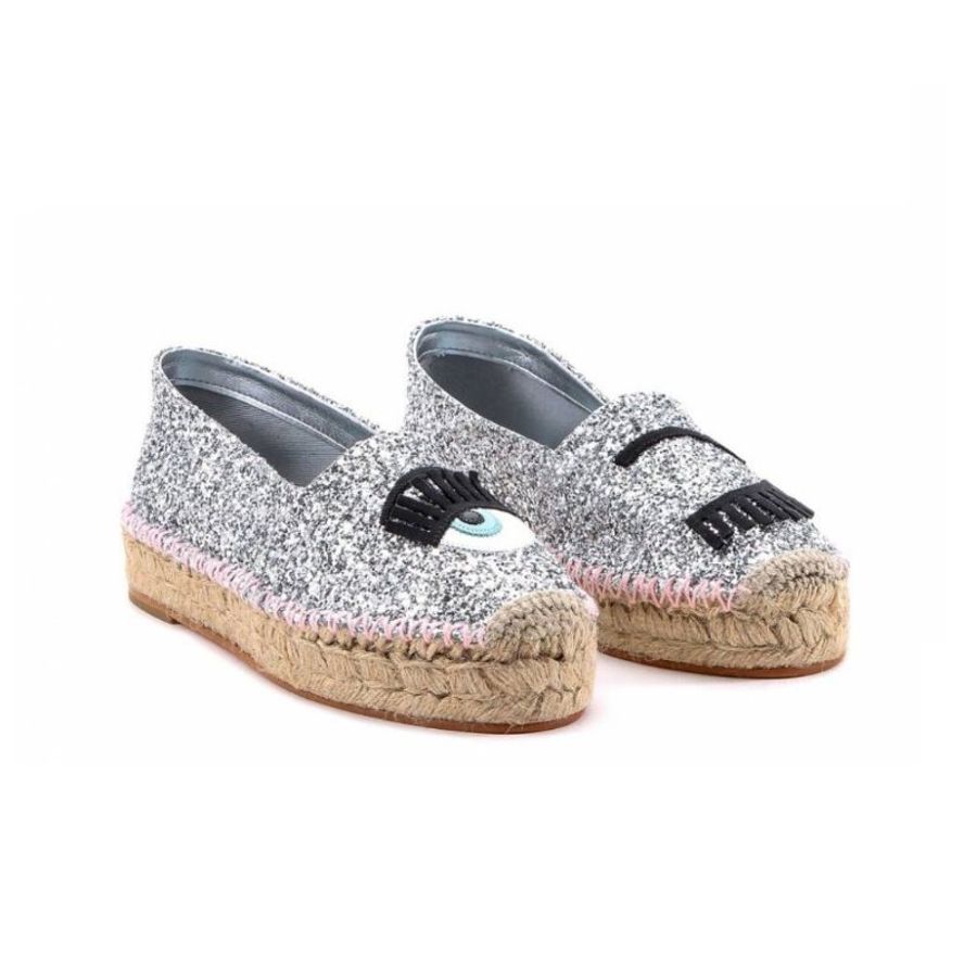 Chiara Ferragni CF895 亮銀色眨眼厚底草編樂福鞋 EU38-3