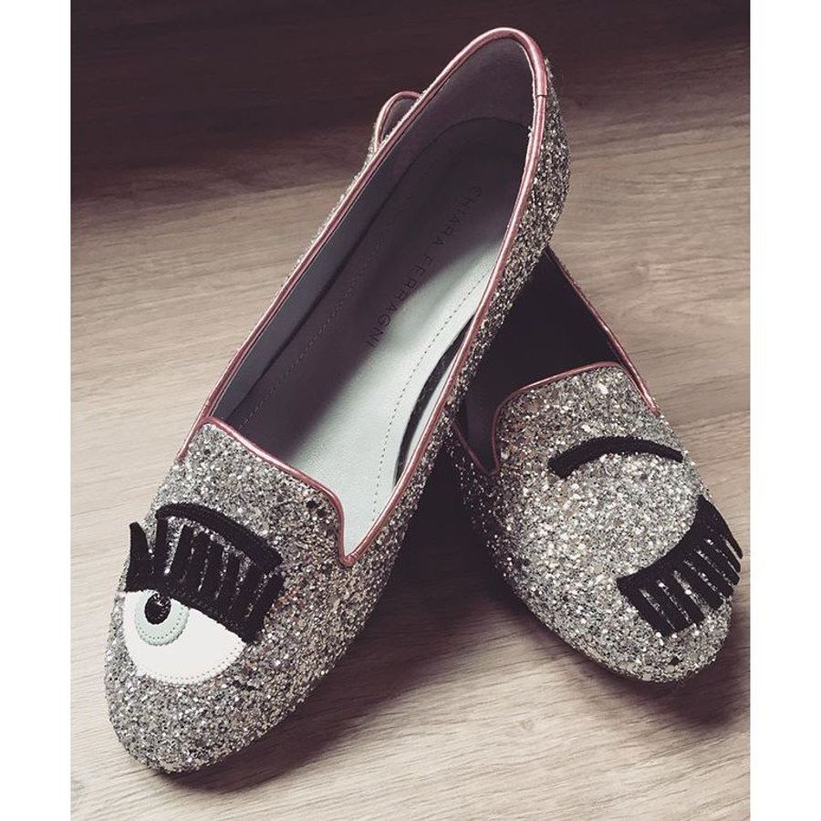Chiara Ferragni CF800 小牛皮 眨眼圖案亮片樂福鞋 (銀+粉) EU35/36/37/38-0