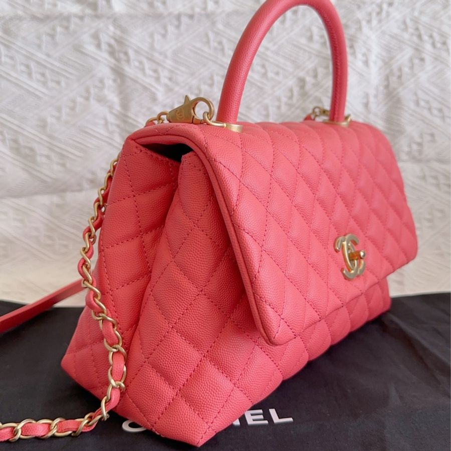 送白色Twilly 香奈兒 Chanel Coco Handle 中號 粉色 復古金釦-1