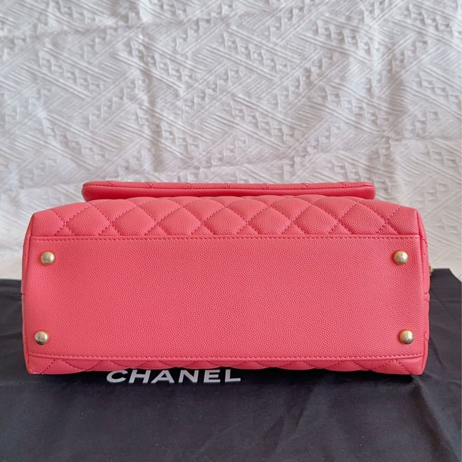 送白色Twilly 香奈兒 Chanel Coco Handle 中號 粉色 復古金釦-6