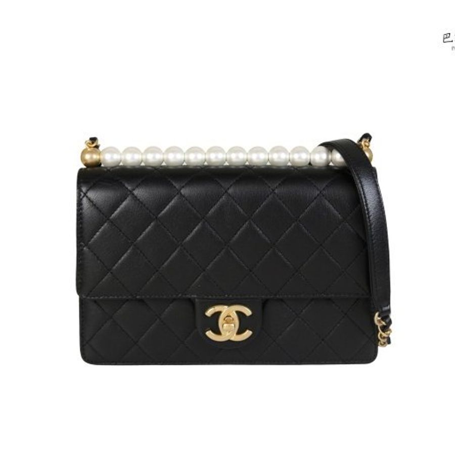 【巴黎站二手名牌專賣店】＊現貨＊CHANEL香奈兒真品＊AS0585黑色菱格金雙C珍珠金鏈斜背包-0