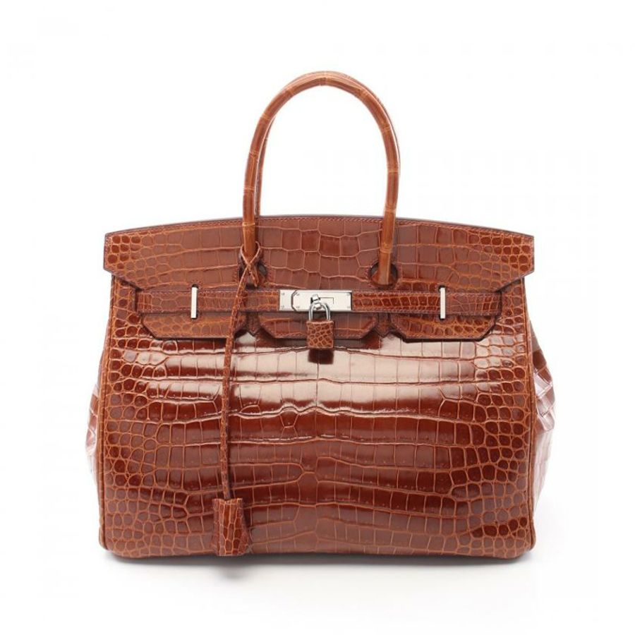 【日本直送】 中古HERMES[AB]Birkin 鉑金包35 手提包 鱷魚皮 灣鱷皮 淺棕色 銀色五金 □K刻印-0