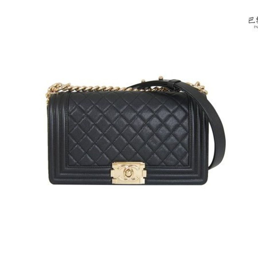 【巴黎站二手名牌專賣店】*現貨*CHANEL 香奈兒 真品*經典BOY系列黑荔枝菱格紋淡金復古鏈包(25)-0
