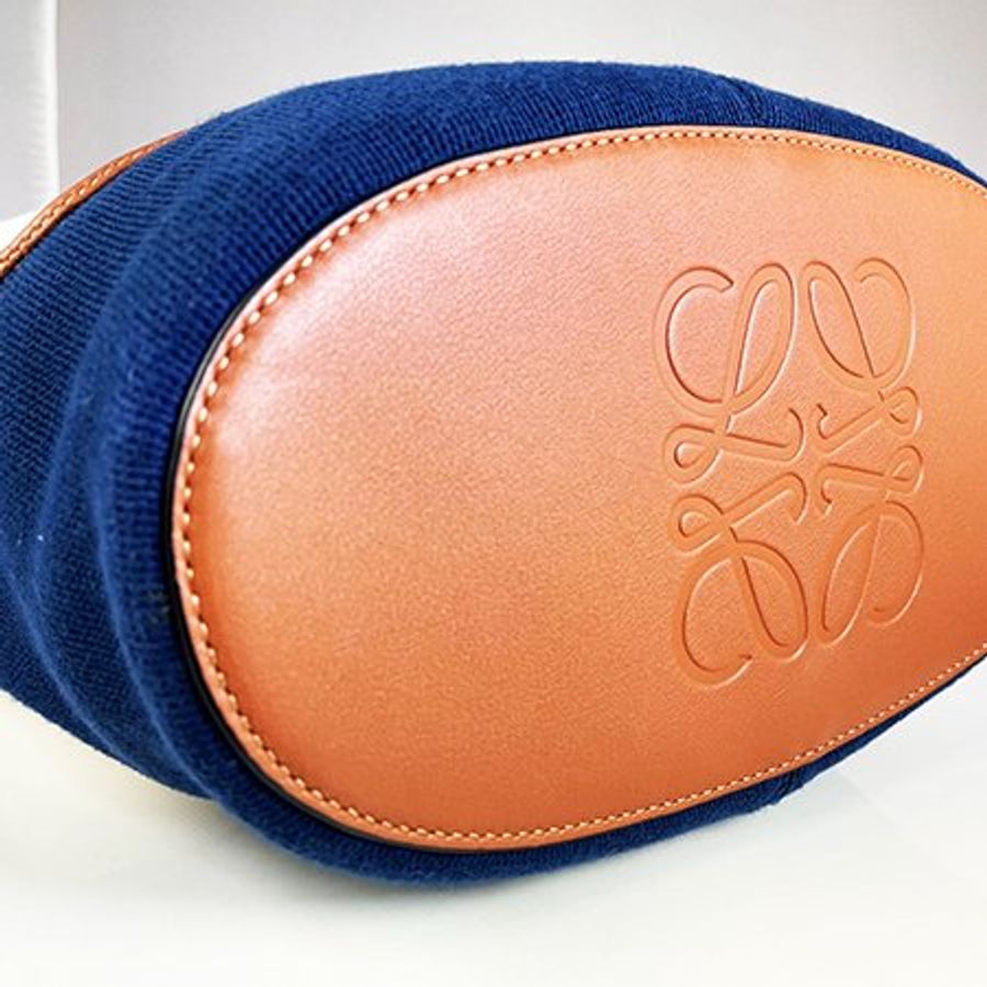 ★已售出★ LOEWE焦糖色牛皮拚藍/米白帆布 hobo anagram 兩用包-3