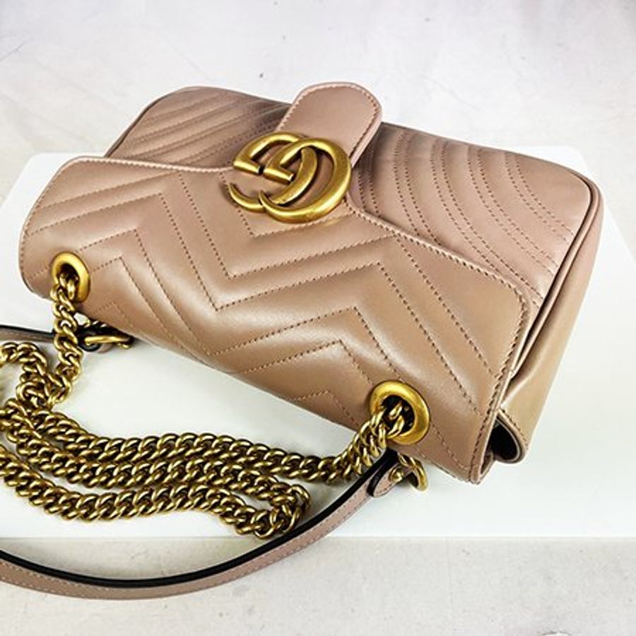 GUCCI奶茶色小牛皮GG MARMONT 小號肩背/斜背兩用包 443497-2