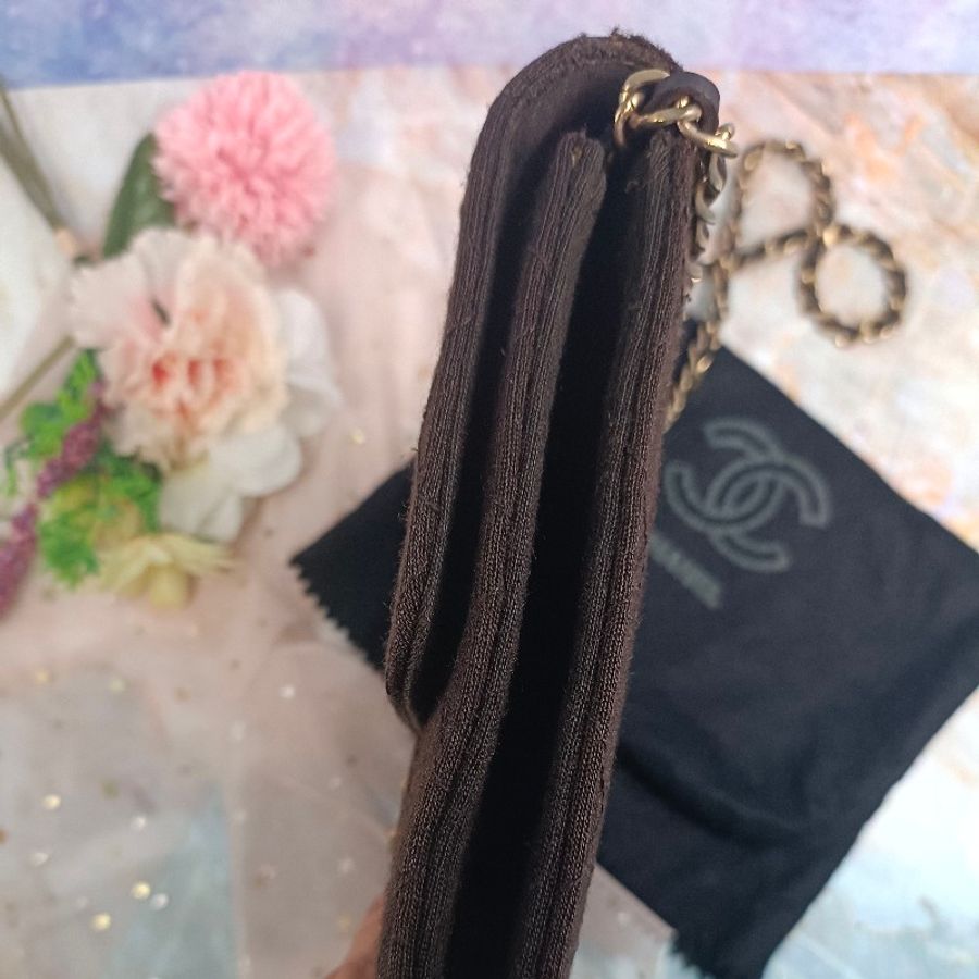 chanel 香奈兒 布面 佳績布 中古絕版 信封包 咖啡色 woc CF 口蓋包 無卡標-8
