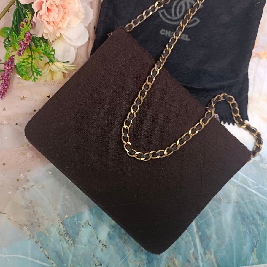 chanel 香奈兒 布面 佳績布 中古絕版 信封包 咖啡色 woc CF 口蓋包 無卡標-7