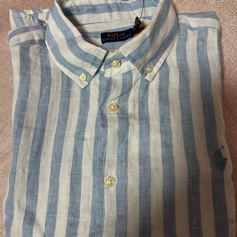 RALPH LAUREN POLO 亞麻藍色條紋襯衫-0