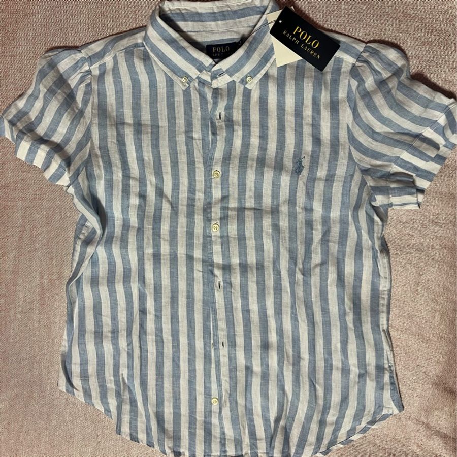 RALPH LAUREN POLO 亞麻藍色條紋襯衫-1
