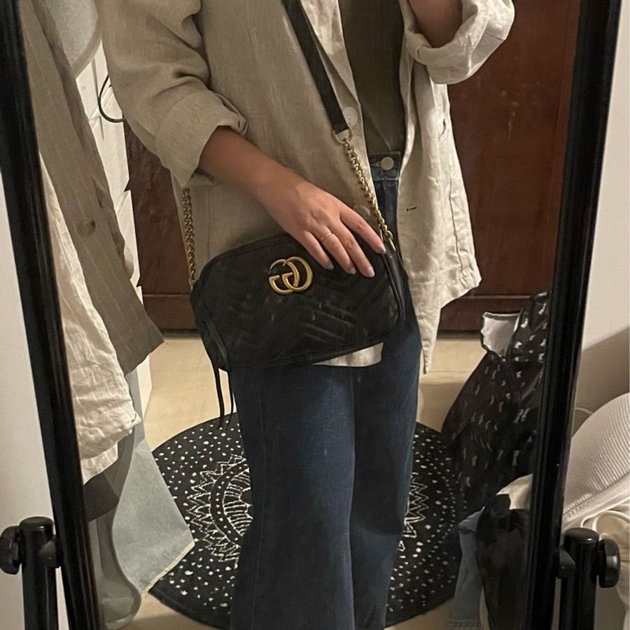 GUCCI  GG Marmont 山形小號 黑金鏈包 （揹帶改短）-0