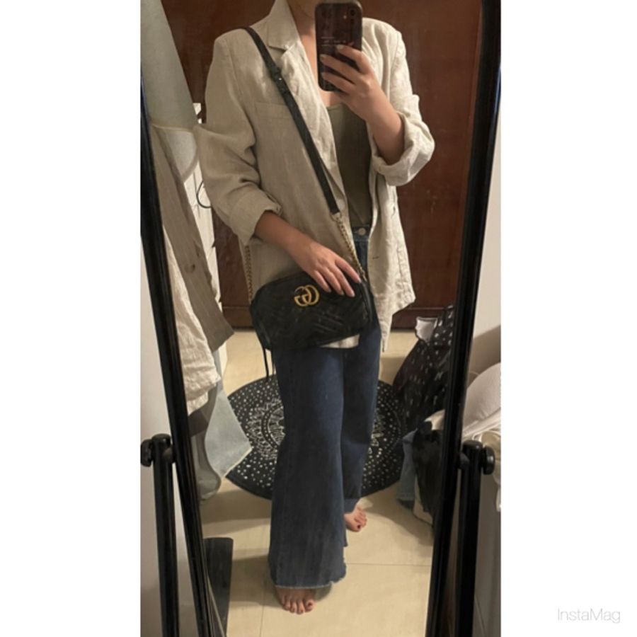 GUCCI  GG Marmont 山形小號 黑金鏈包 （揹帶改短）-12