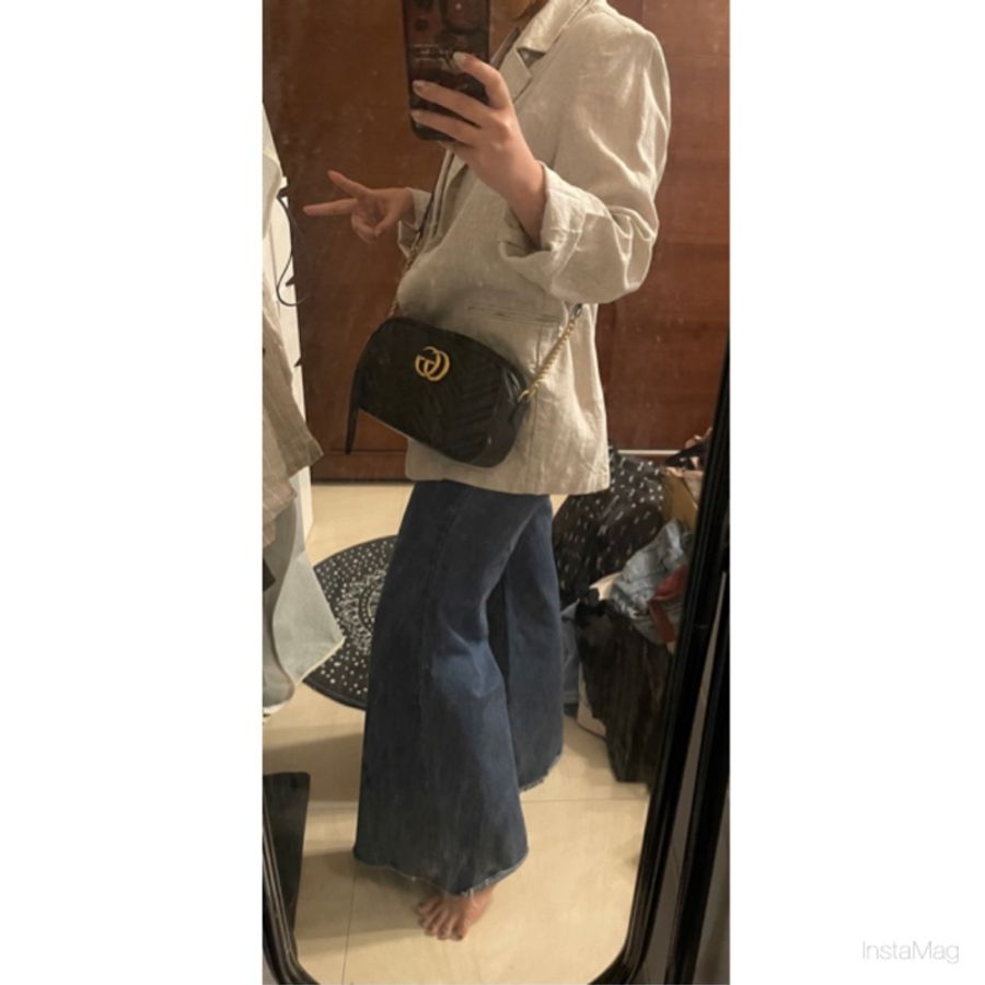 GUCCI  GG Marmont 山形小號 黑金鏈包 （揹帶改短）-13