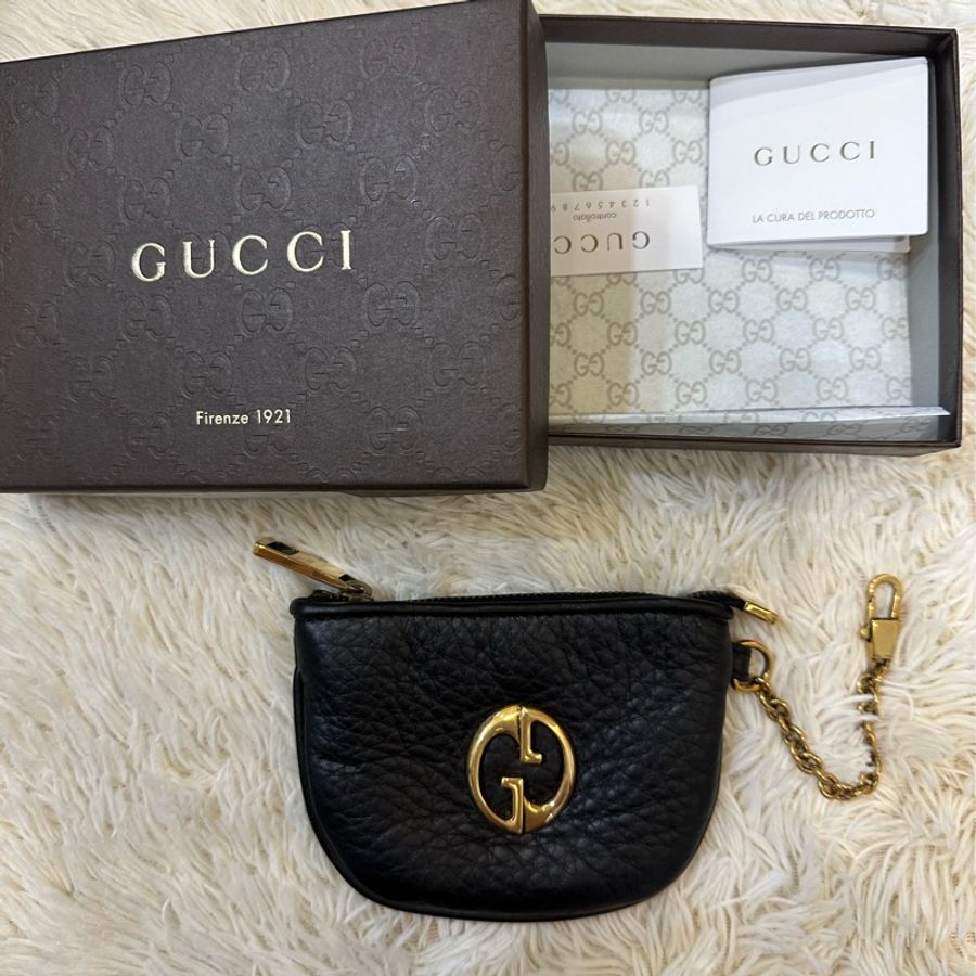 Gucci 全真皮 未使用過 復古雙G 鑰匙零錢包 黑-0