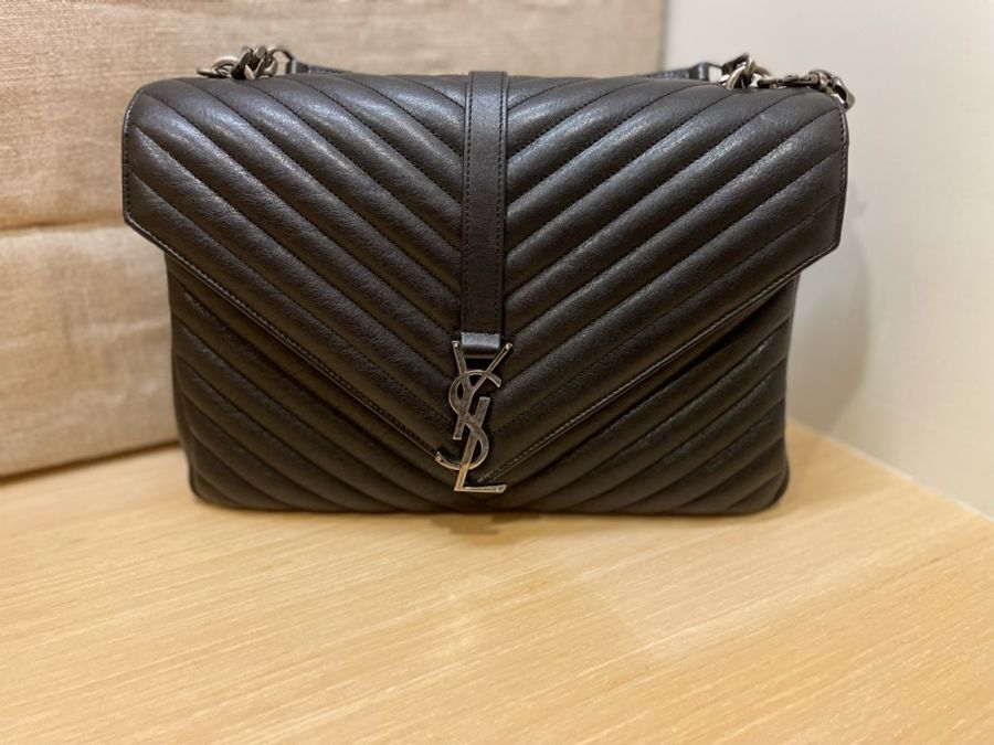 YSL Saint Laurent College 大型 復古金屬車縫羊皮學院包(黑色)-2