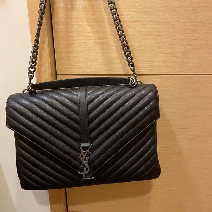 YSL Saint Laurent College 大型 復古金屬車縫羊皮學院包(黑色)-3