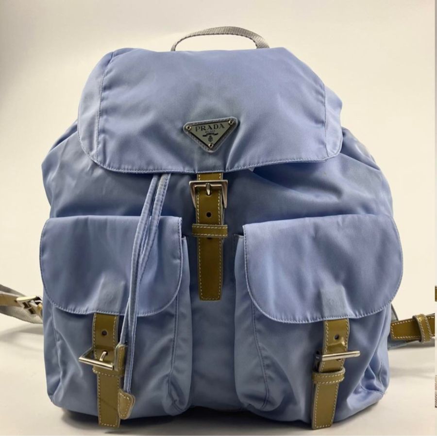 Prada 經典三角標降落傘尼龍後背包 中號 稀有霧霾藍 皮革抽繩-0