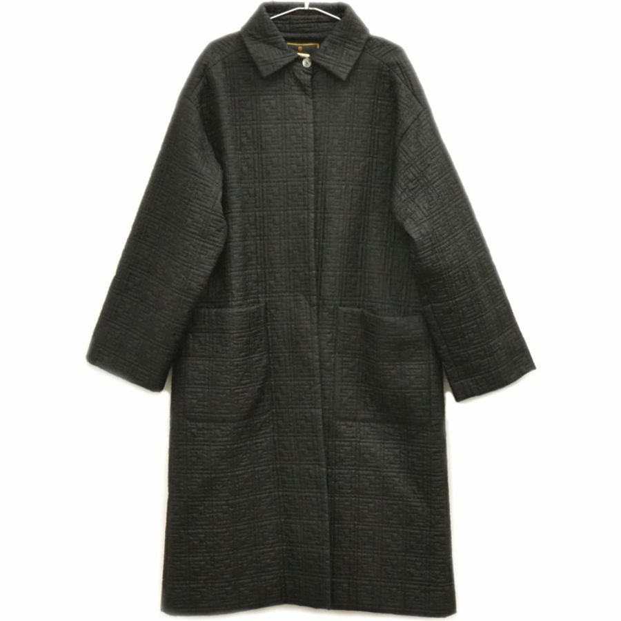 正品芬迪FENDI Zucca絎縫長大衣茄克外衣醋酸纖維人造絲黑色女士Zucca服裝衣服二手貨-0
