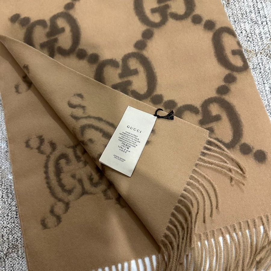 【預購】Gucci 淺棕色羊毛流蘇刺繡圍巾 210×70cm 羊毛披巾 披肩-3
