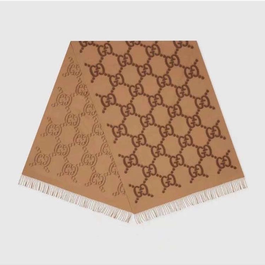 【預購】Gucci 淺棕色羊毛流蘇刺繡圍巾 210×70cm 羊毛披巾 披肩-4