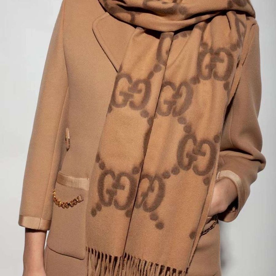 【預購】Gucci 淺棕色羊毛流蘇刺繡圍巾 210×70cm 羊毛披巾 披肩-5