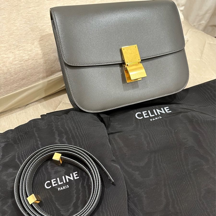 Celine box classic 灰色金釦、九成新-0