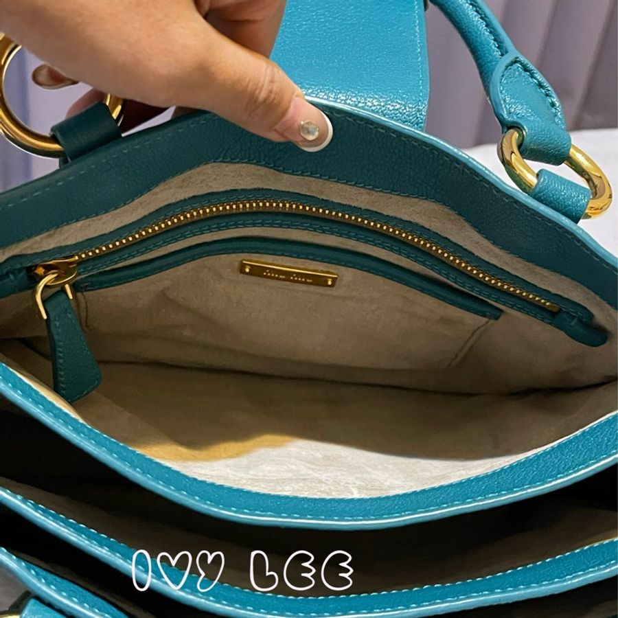 MIU MIU 金色鎖扣 絨面革襯 湖水綠 RN0799 手提包 斜背包 二手精品-5