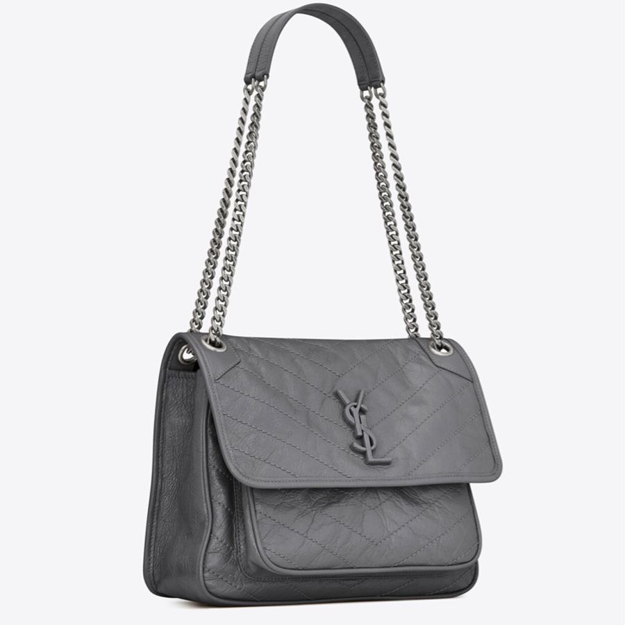 (保留至1/15) YSL Niki Medium復古皮革肩背包 風暴灰 新款D型扣-5