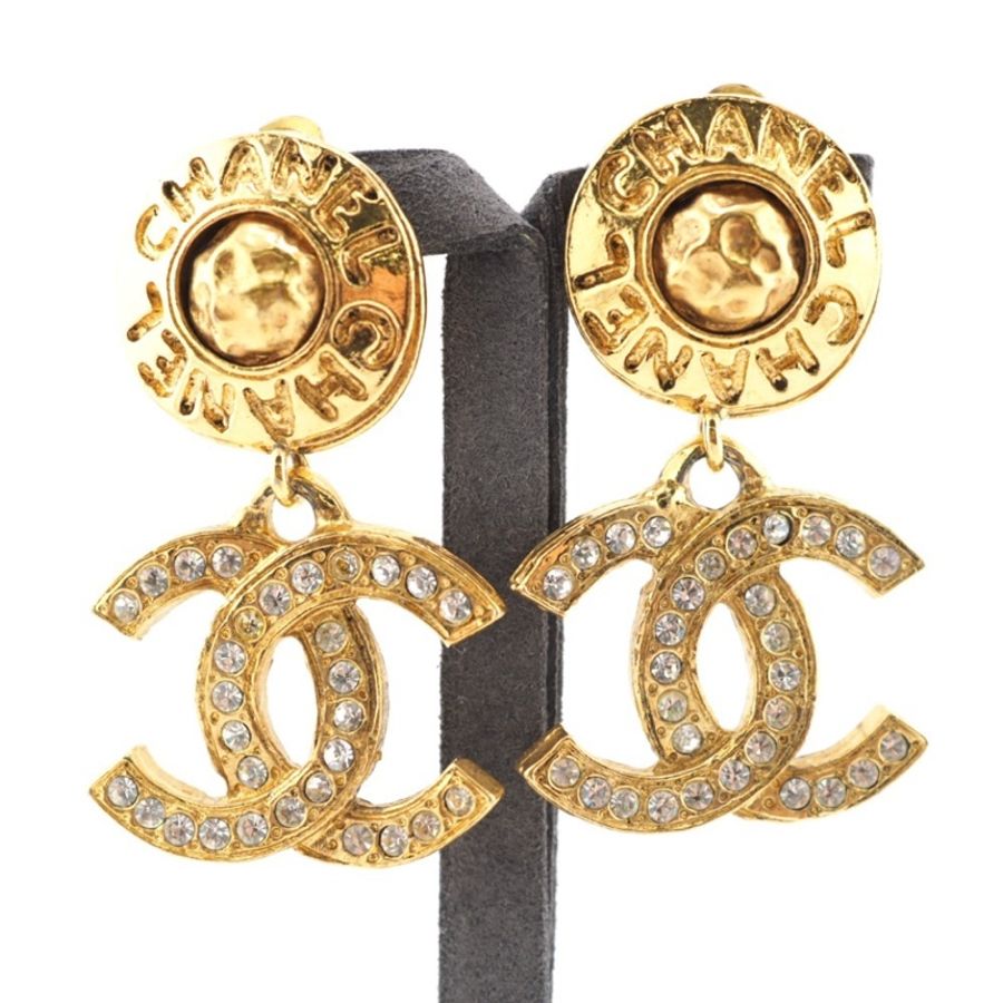 Chanel vintage香奈兒復古明星款中性款金色字母雕刻水鑽垂墜cc標誌古董夾式耳環耳釦 鄧紫棋款 中國有嘻哈-2