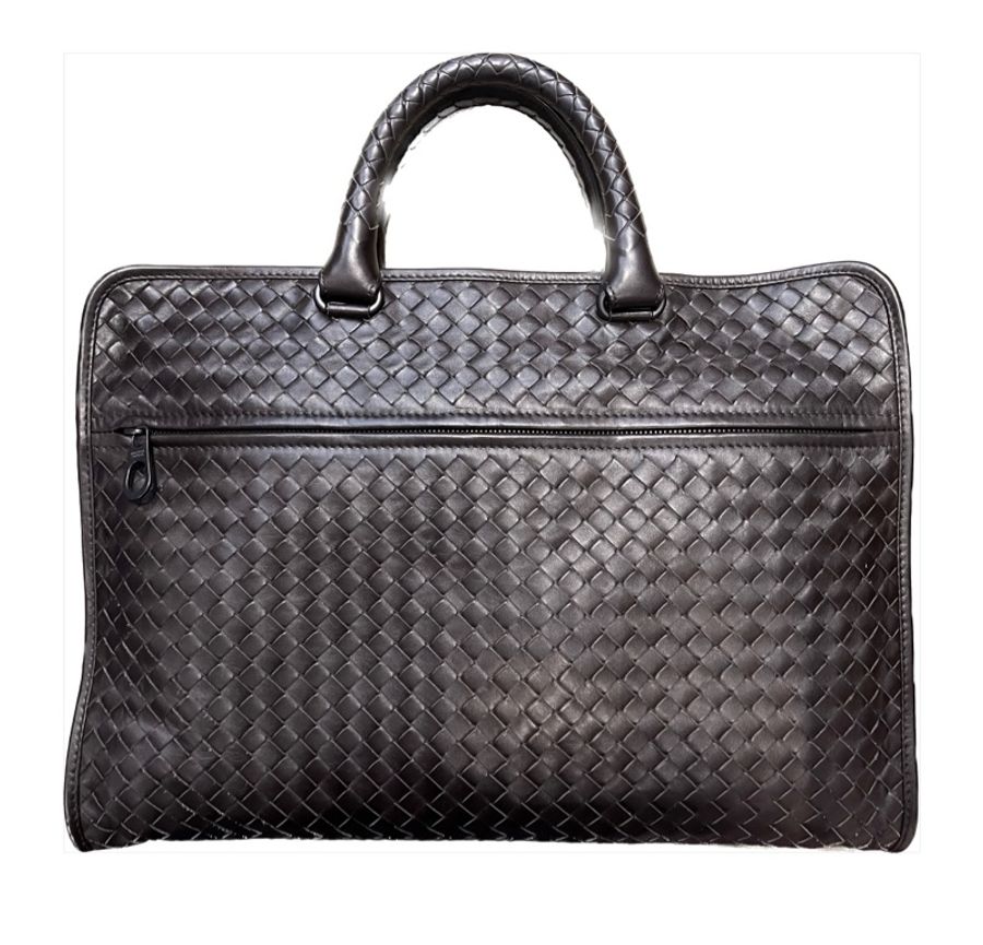 BOTTEGA VENETA BV 深咖啡色 小牛皮 編織 公事包 電腦包 肩揹 手提 兩用包-0