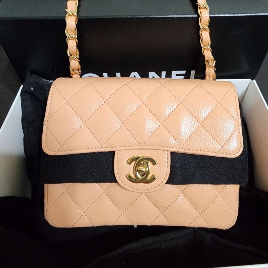 chanel vintage 荔枝皮 方胖 杏色 奶茶色-0