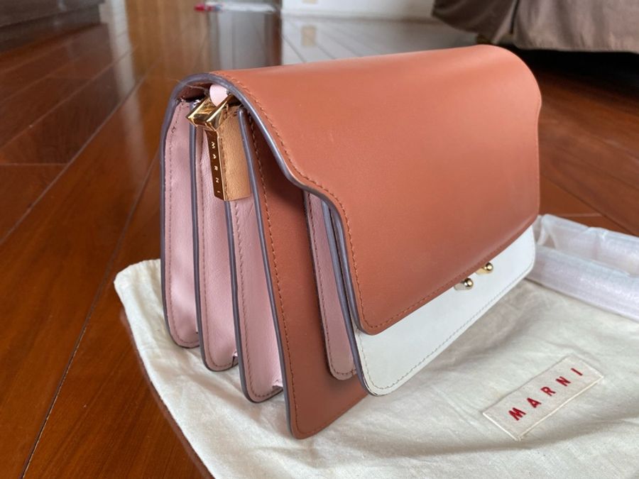 二手 極限量拼色 Marni Trunk 中號 栗子棕色 粉紅 白色-0