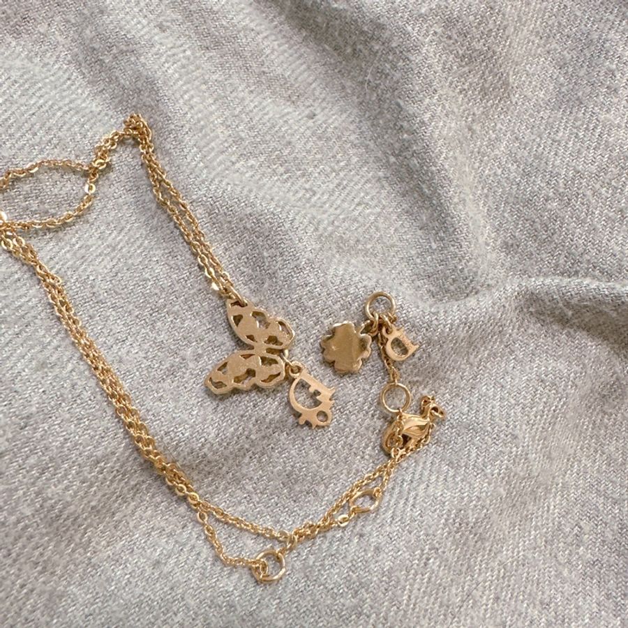 Dior 迪奧玫瑰金D字粉鑽蝴蝶水鑽氣質項鍊-7