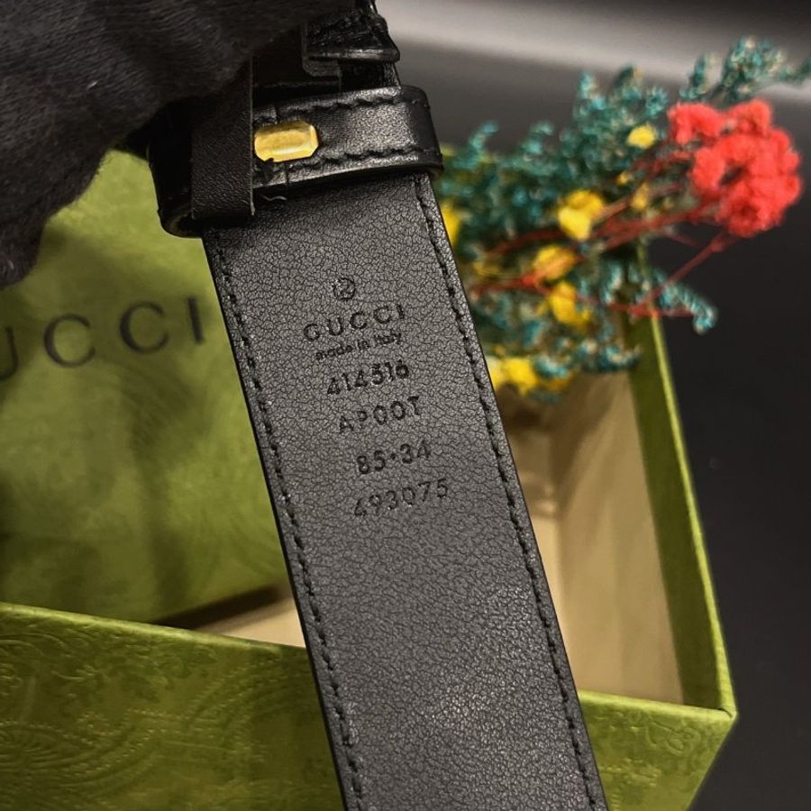 GUCCI 古馳 金色雙G LOGO黑色皮革皮帶85公分34腰皮帶/腰帶-2